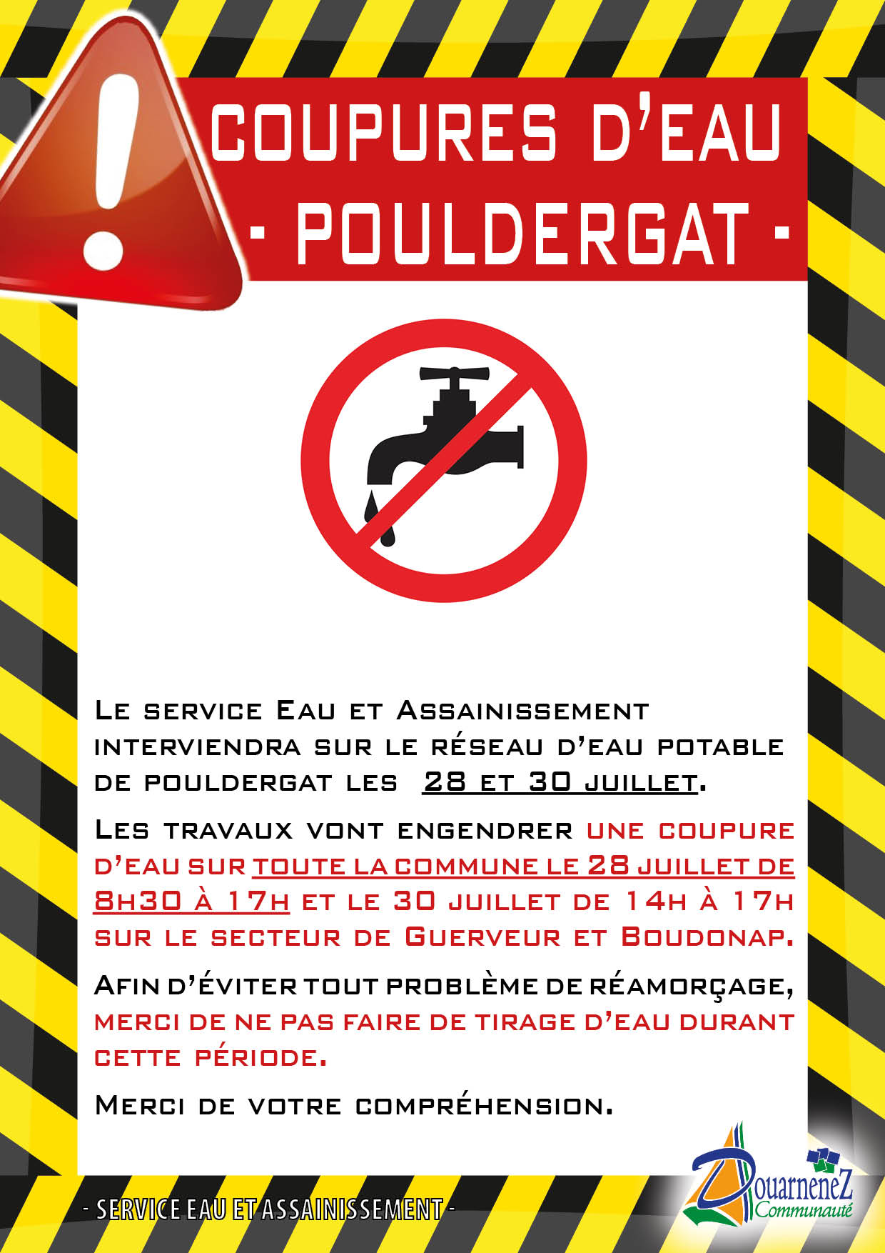 Coupure d’eau à Pouldergat les 28 et 30 juillet Douarnenez Communauté